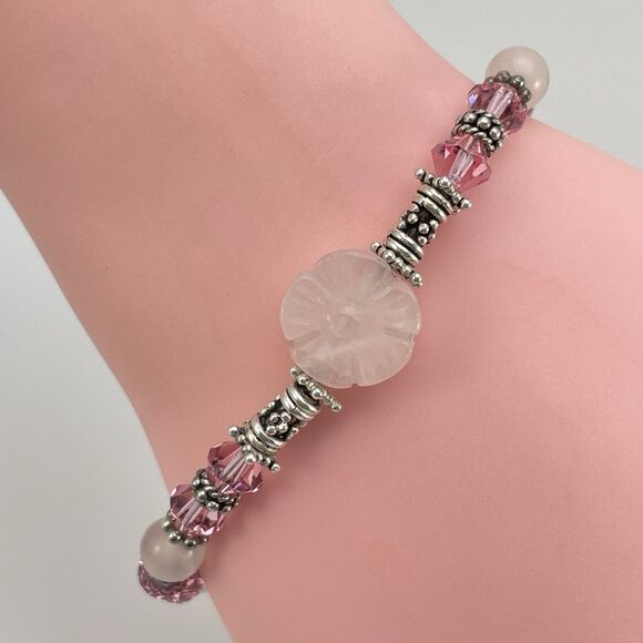 Bracelet Sterling Silver Flower Quartz Pink Crystal Beaded Breast Cancer Charm - Picture 2 of 8